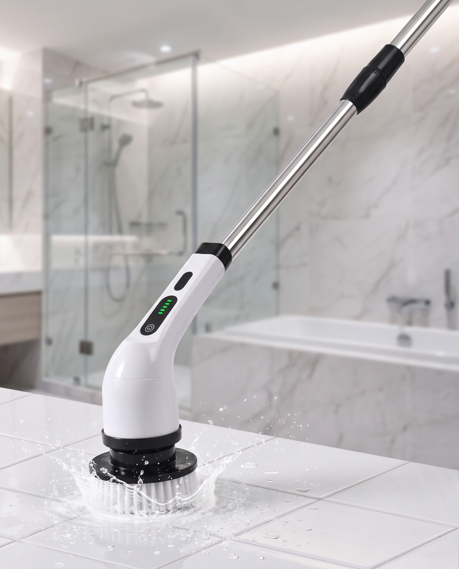 Electric Cleaner with the telescopic handle attached, cleaning a tiled bathroom floor