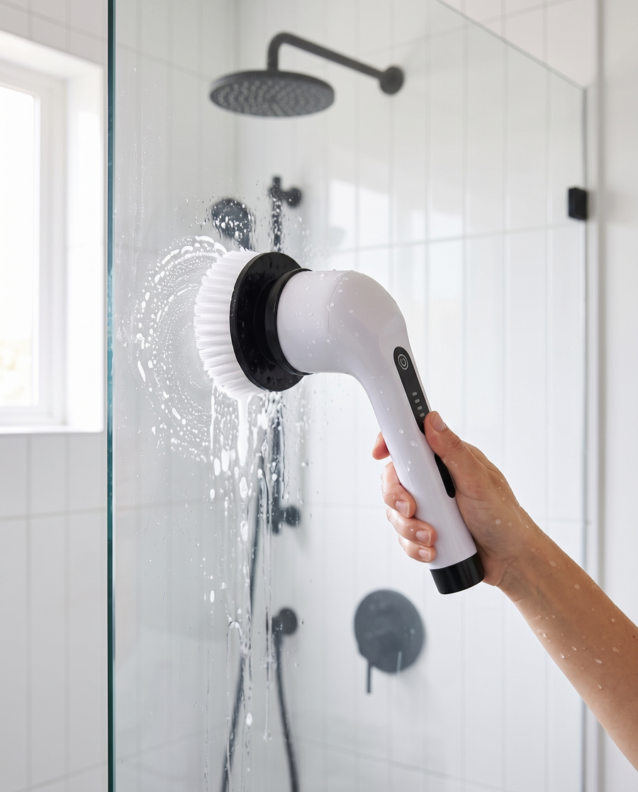 Electric Cleaner in use on a glass shower screen in a modern bathroom