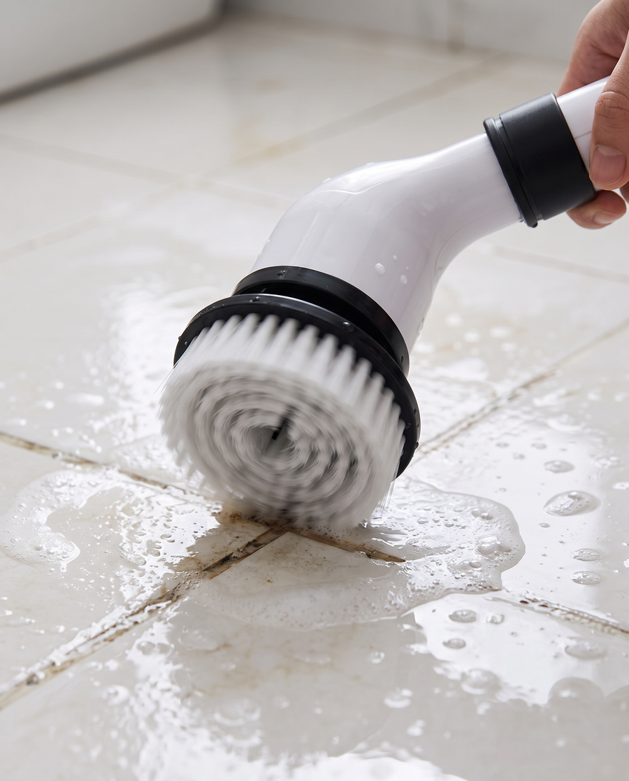 Electric Cleaner brush head actively scrubbing grout, in-use close-up