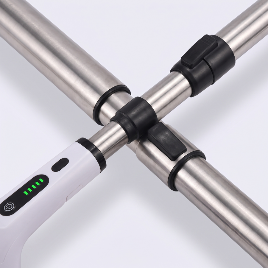 Close-up of the telescopic stainless steel extension handle