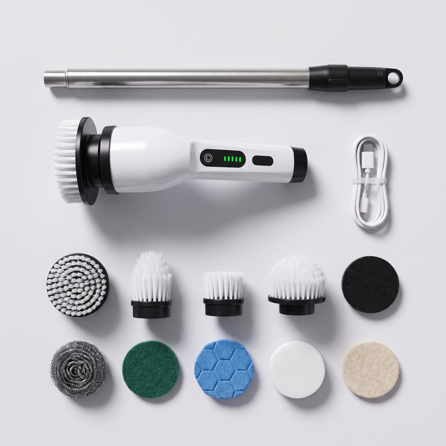 Complete Electric Cleaner kit flat lay — handheld motor unit, telescopic handle, all nine heads and USB charging cable