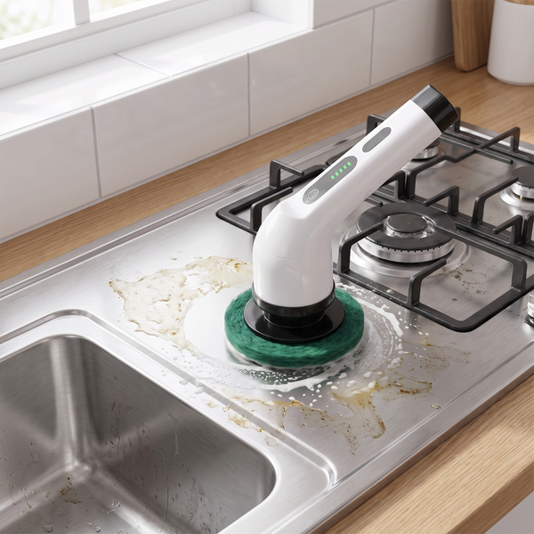 Electric cleaning brush cleaning a stainless steel cooktop and sink surface