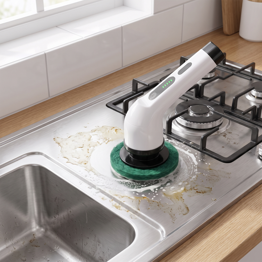 Electric cleaning brush cleaning a stainless steel cooktop and sink surface
