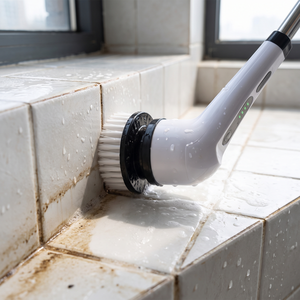 Electric cleaning brush scrubbing a grimy grout line between bathroom tiles