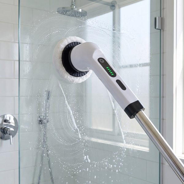Electric cleaning brush removing soap scum from a glass shower screen